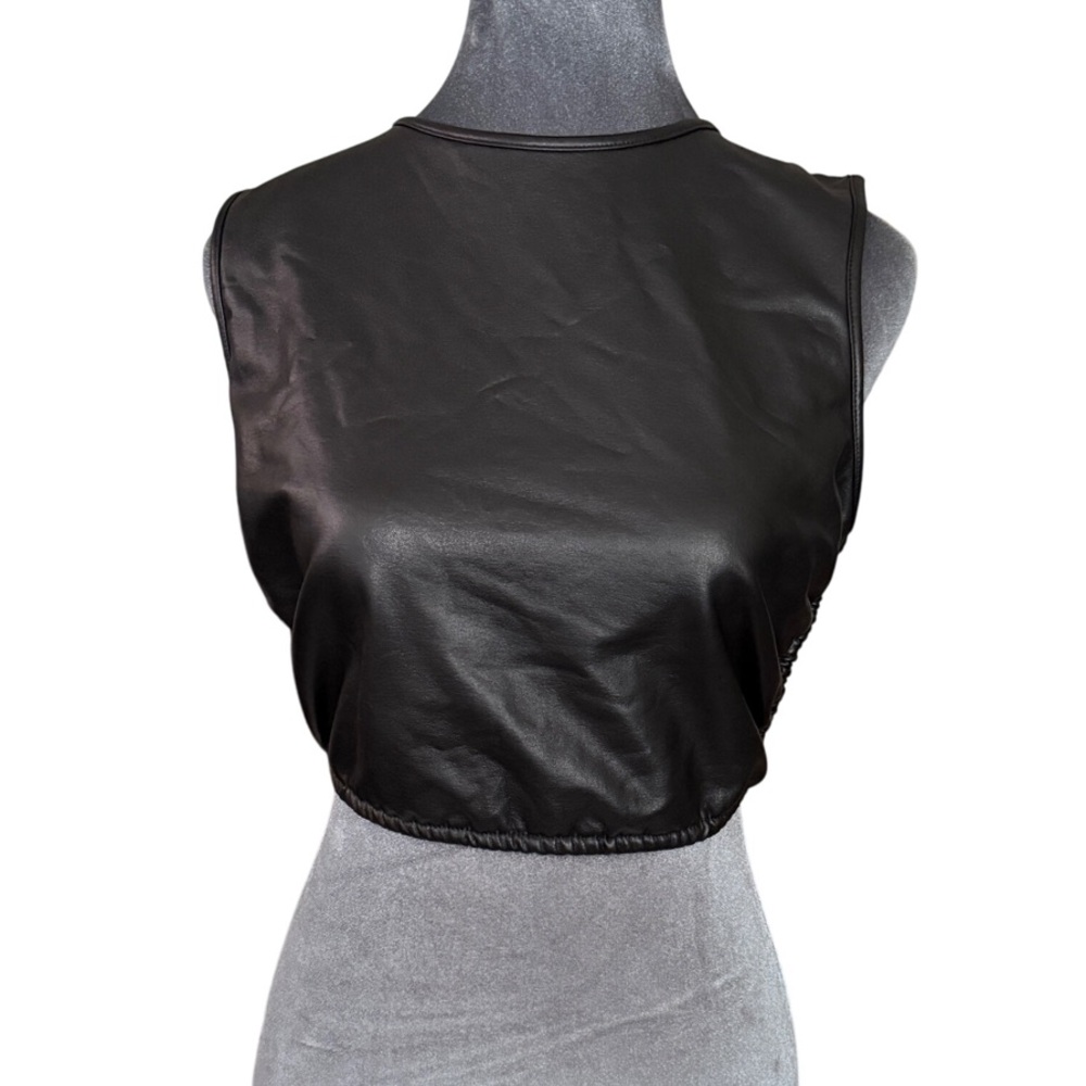 Black Faux Leather Crop Top With Open Back & Tie Detail - Size S